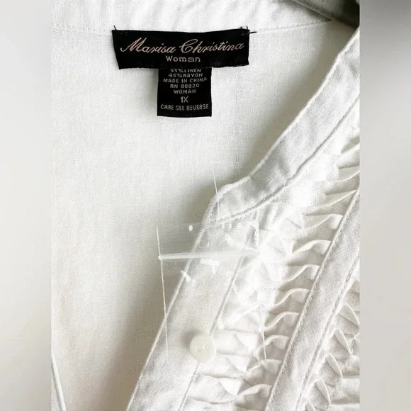 White Linen Blouse Pin Tuck Button Front 3/4 Sleeve Size 1X Marisa Christina - Picture 6 of 8